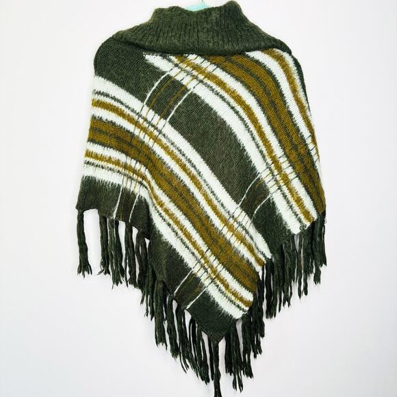 Wooden Ships Poncho Size S/M Mohair Wool‎ Blend Fringed Cowl Neck Green Stripe - Picture 6 of 10